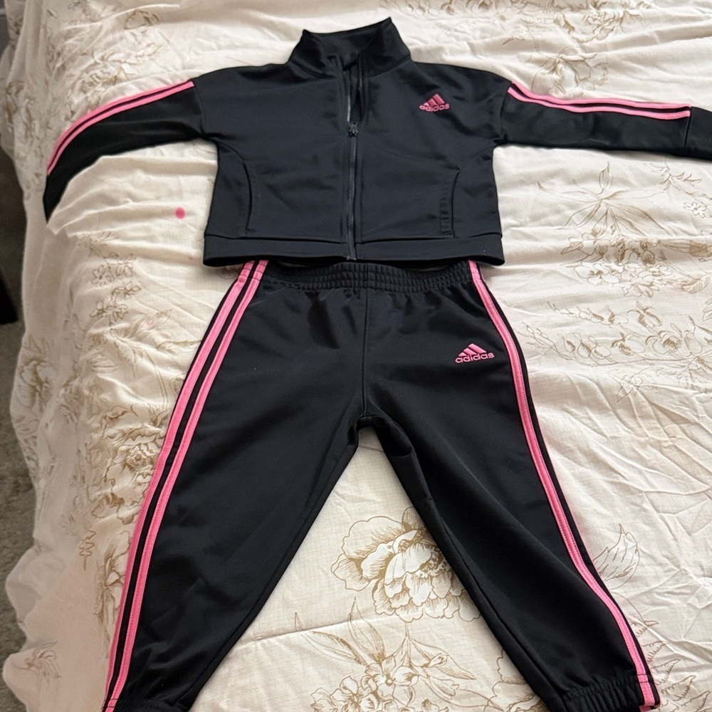 Adidas Girls Full Zip 2 piece Black with Pink Stripes Tracksuit